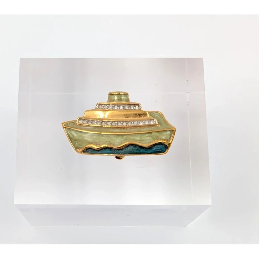 VTG Swarovski Cruise Ship Boat‎ Pin Brooch Pave Gold Tone Nautical Ocean Liner